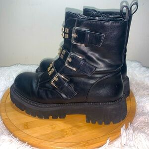 Biker Platform Boots Straps Women’s Size 8 Sustainable Vegan Faux Leather Black